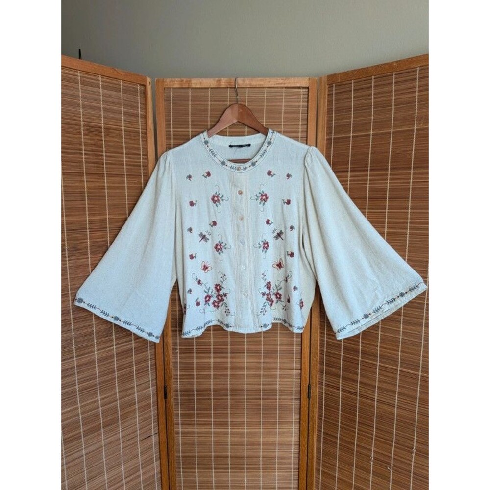 Vintage Embroidered Boho Blouse Oatmeal Bell Sleeve Cottagecore Top L